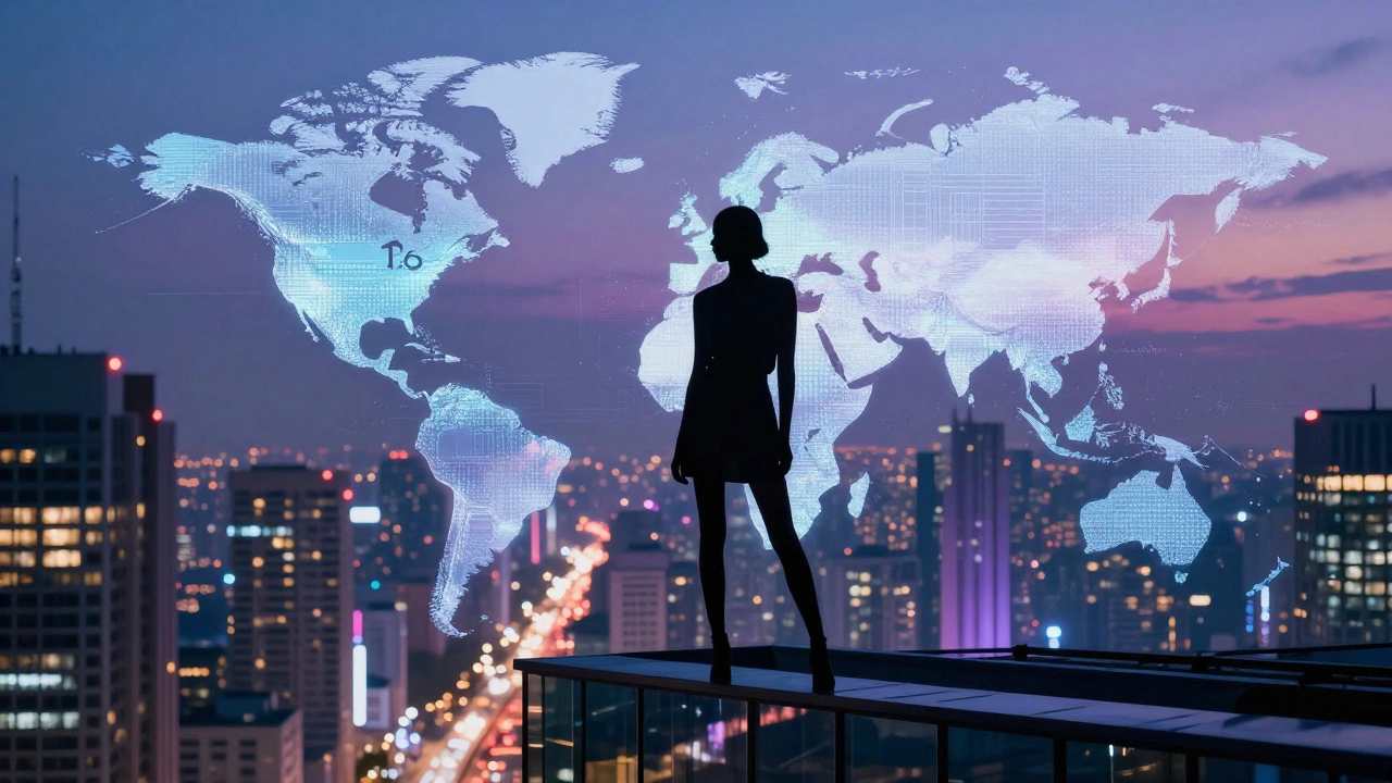 Woman silhouette on balcony overlooking city lights at twilight.