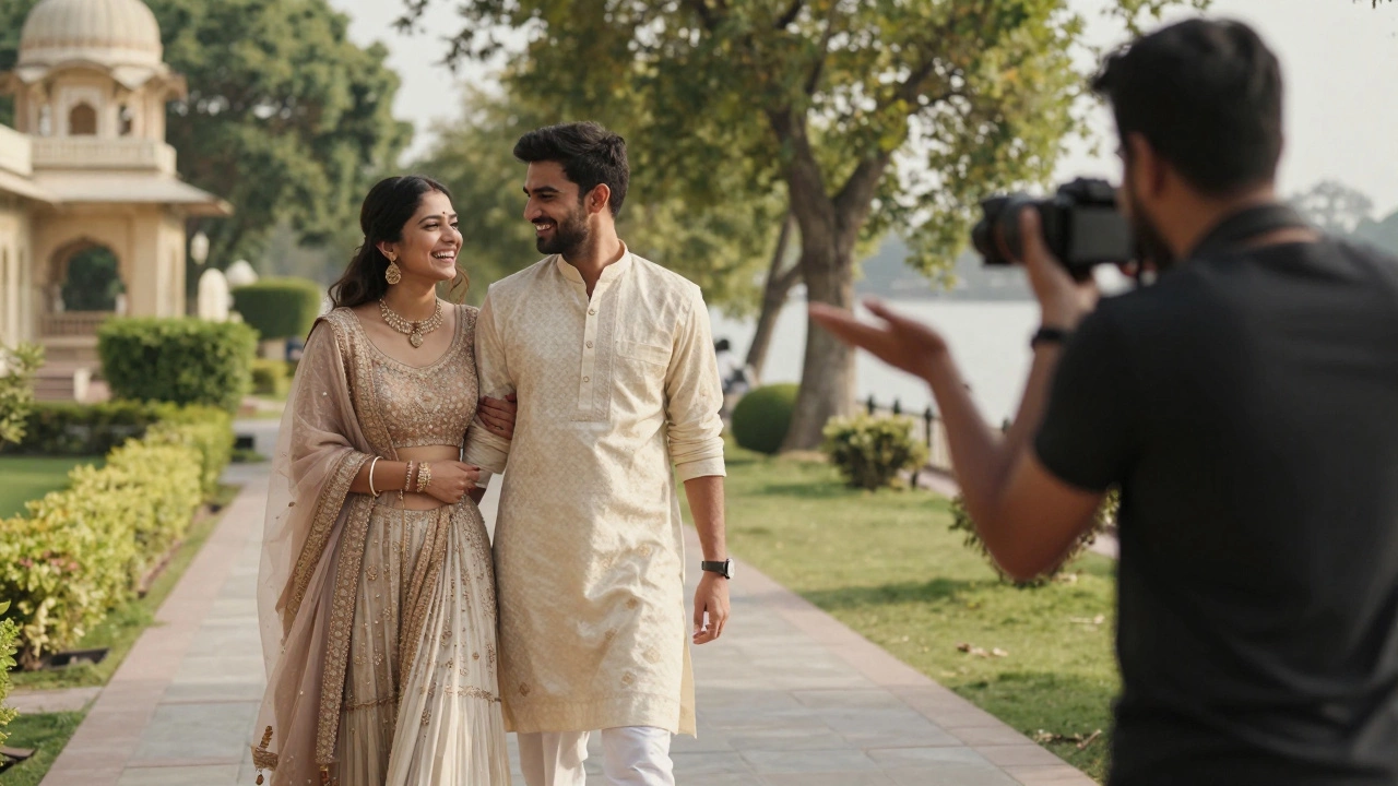 A couple in traditional attire sharing a guided candid moment on a sunny path in Udaipur.