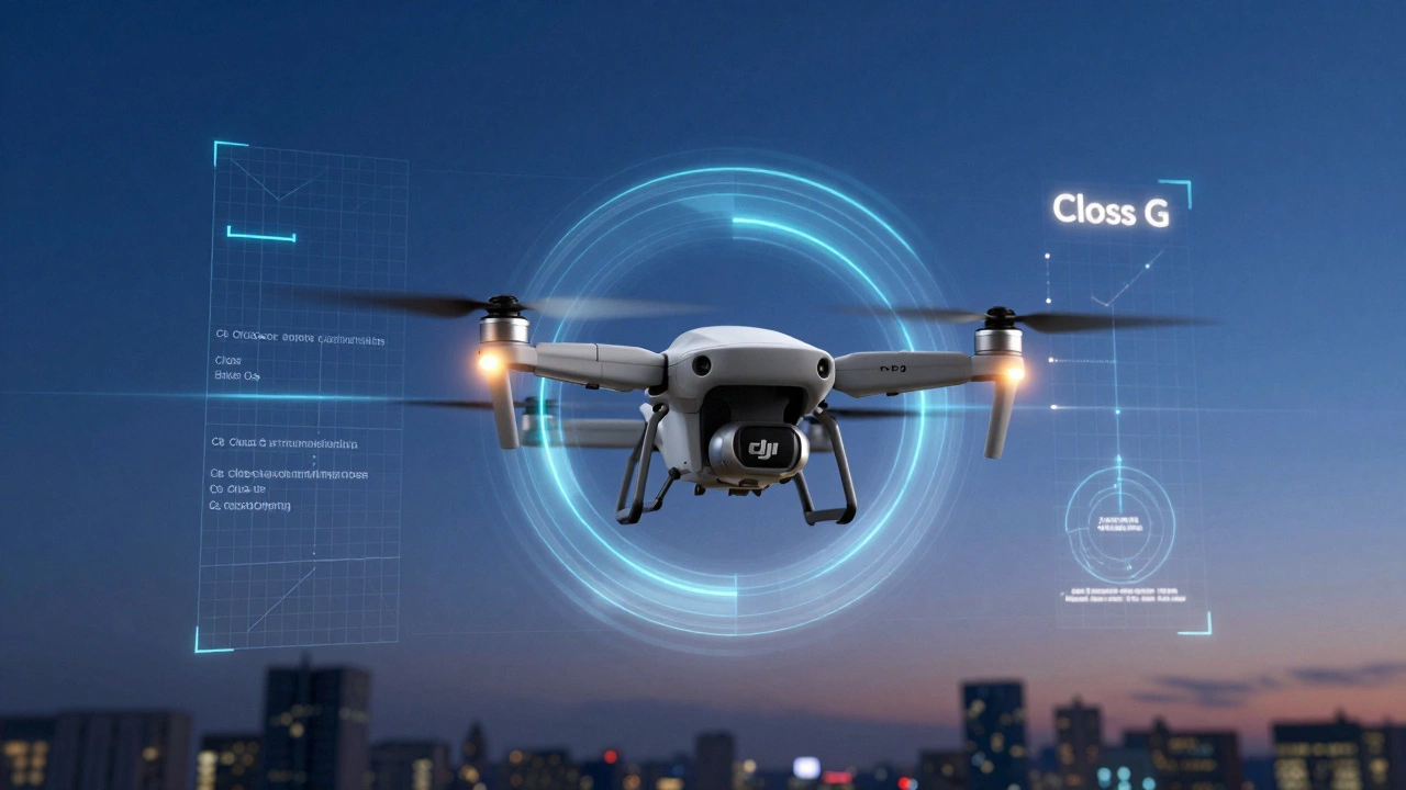 A drone surrounded by holographic grids representing FAA airspace restrictions.
