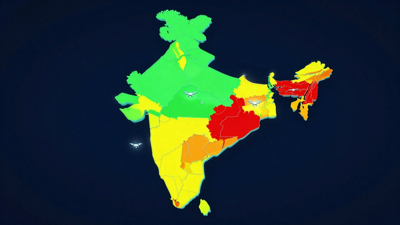 A futuristic 3D holographic map of India showing green, yellow, and red drone flight zones.