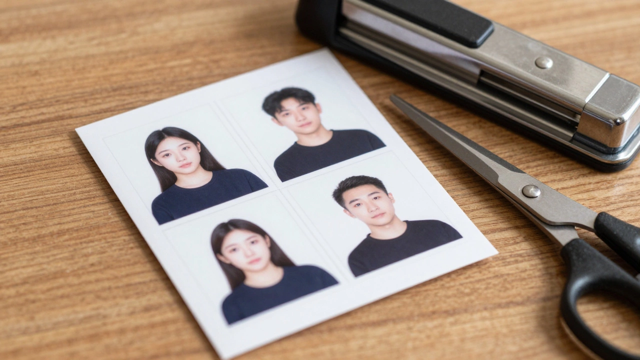 A printed 4x6 photo sheet with six 2x2 passport photos and cutting tools on a table