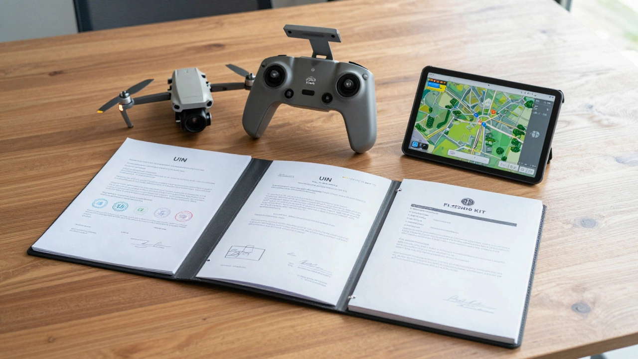 A professional drone pilot's equipment and legal registration documents organized on a table.
