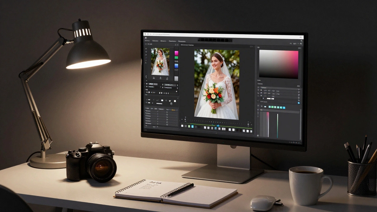A professional photo editing workspace with a monitor showing a portrait in Lightroom.
