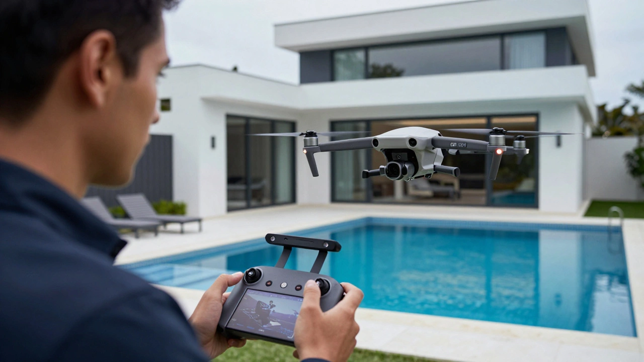 A professional pilot using a remote to film a luxury villa for commercial purposes.