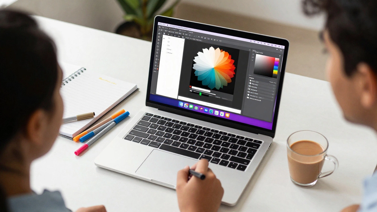A student's desk with a laptop showing a design project and a cup of chai.