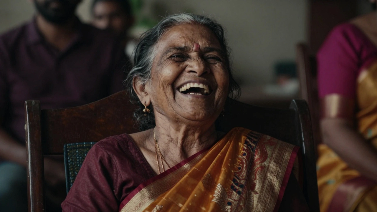 Close-up of an elderly Indian woman laughing heartily, capturing a raw and emotional moment.
