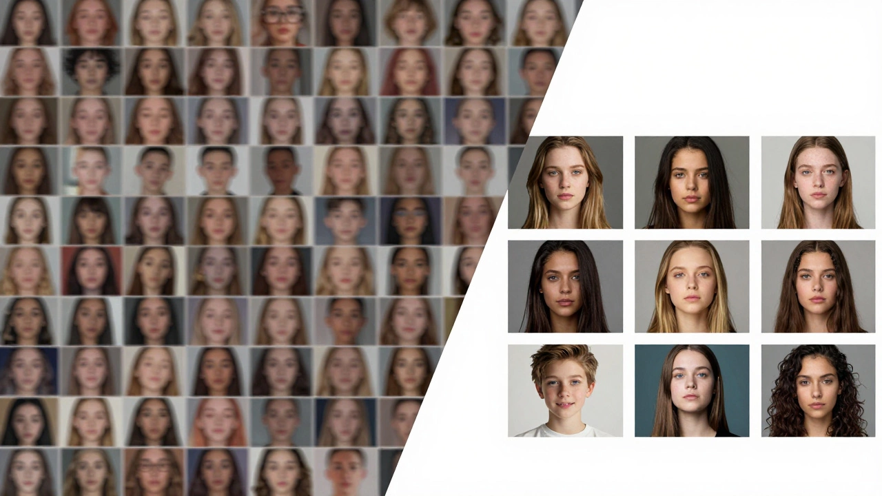 Comparison between a grid of raw redundant photos and a small set of curated professional images.