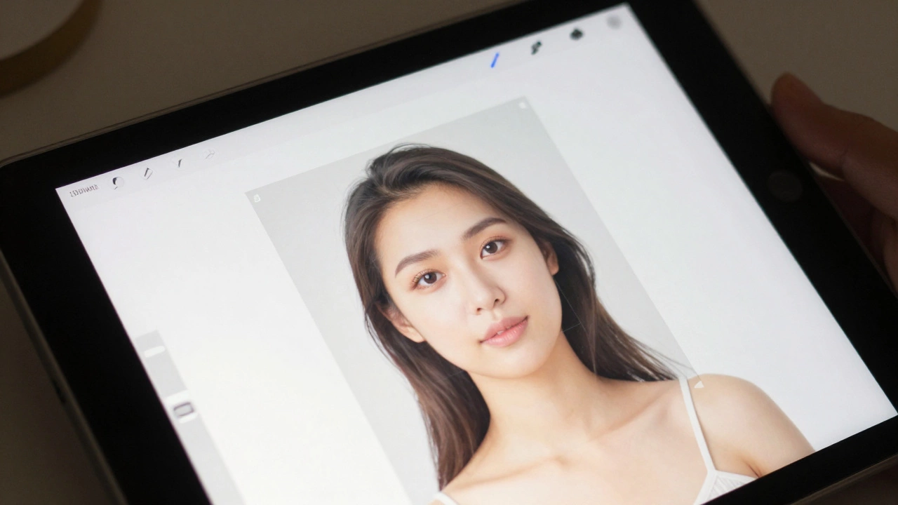 Digital tablet showing a 2x2 passport photo cropping tool with a head-positioning overlay