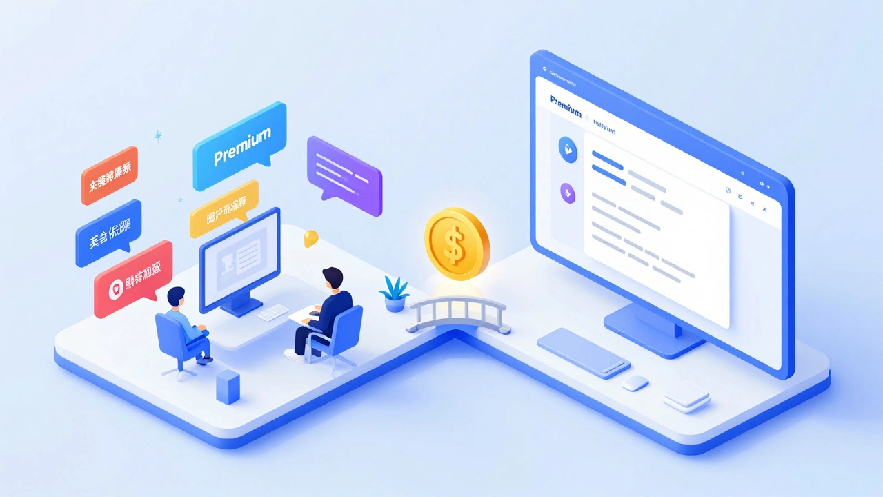 Isometric 3D art comparing a cluttered ad-supported workspace with a clean premium interface.