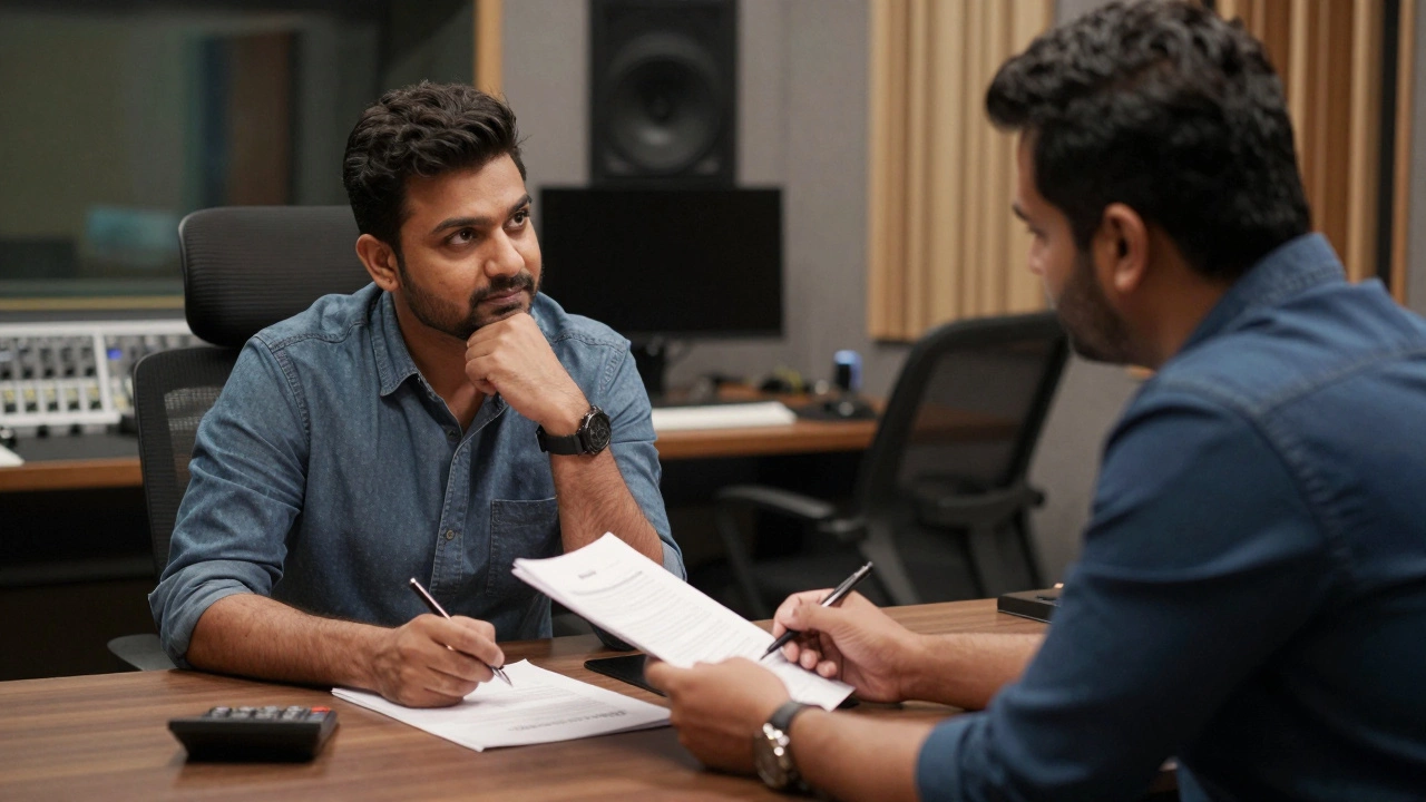 Artist negotiating studio booking costs with manager in modern office