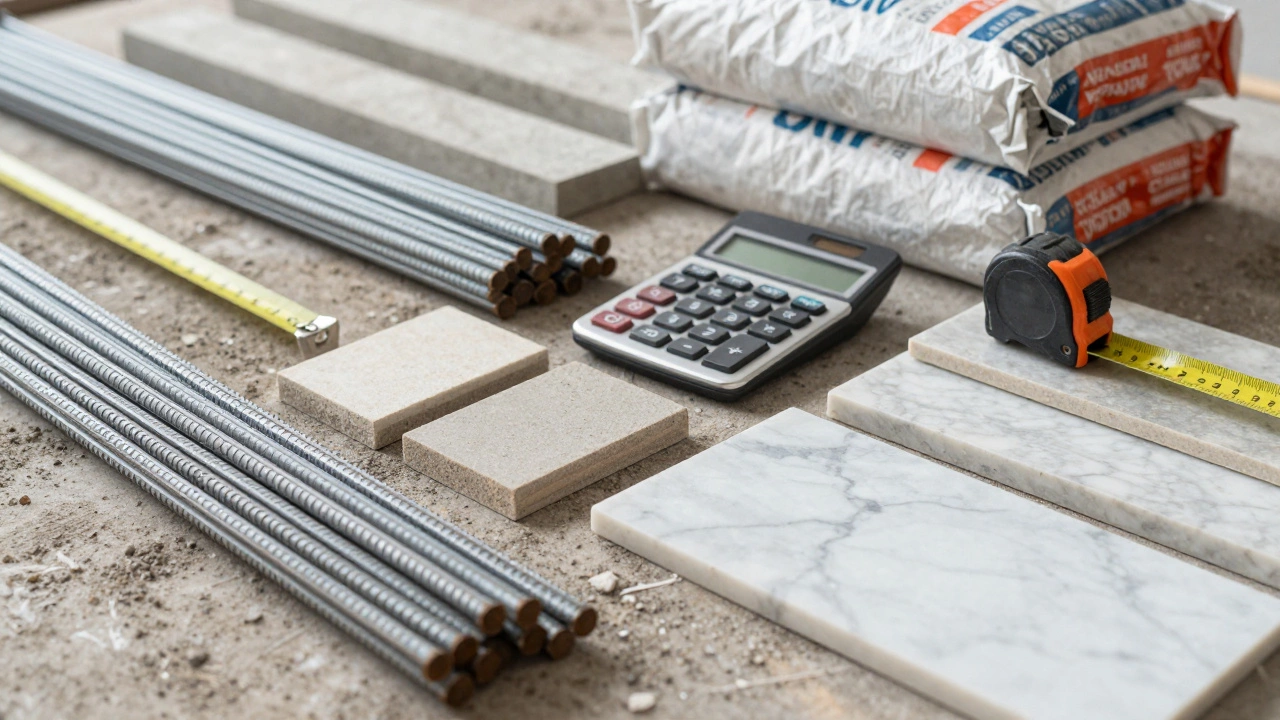 Construction materials including steel, cement, and tiles for home building