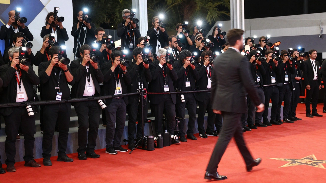 Crowd of photographers lining up for shots at an Indian awards ceremony
