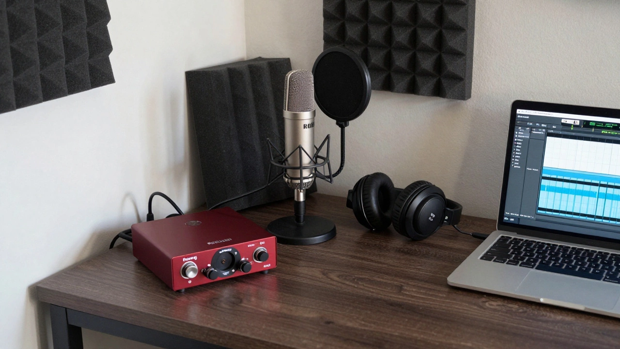 Home studio setup with microphone, audio interface, and headphones on desk
