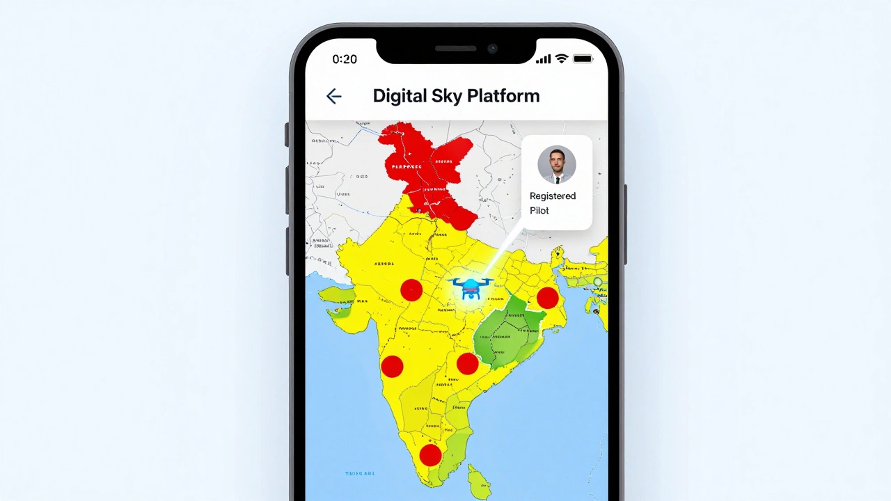 Map showing red, yellow, and green drone flight zones in India