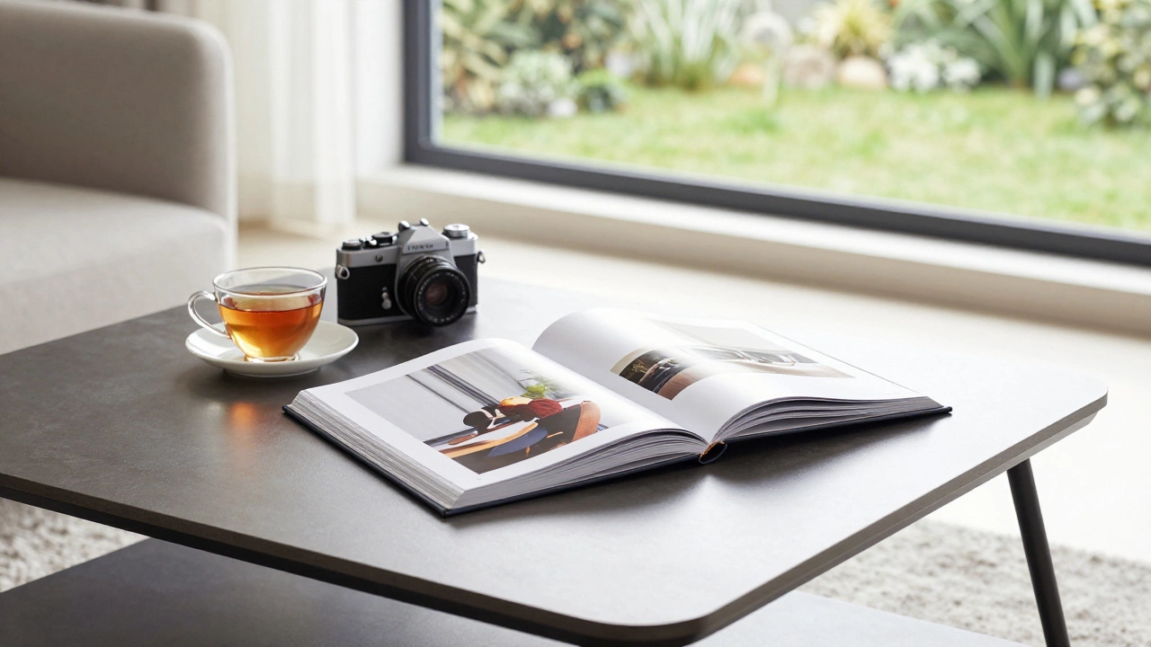 Open photo album on a modern coffee table in a sunlit room