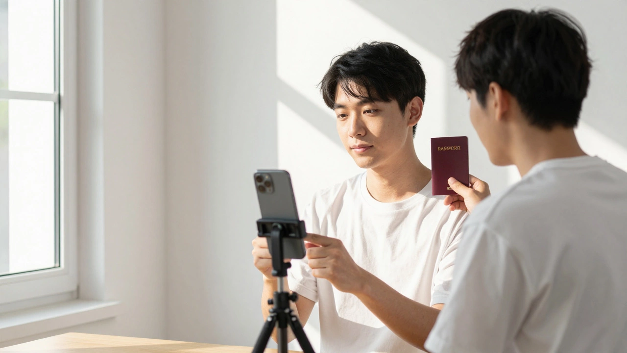 Person posing against white wall with phone on tripod for ID photo