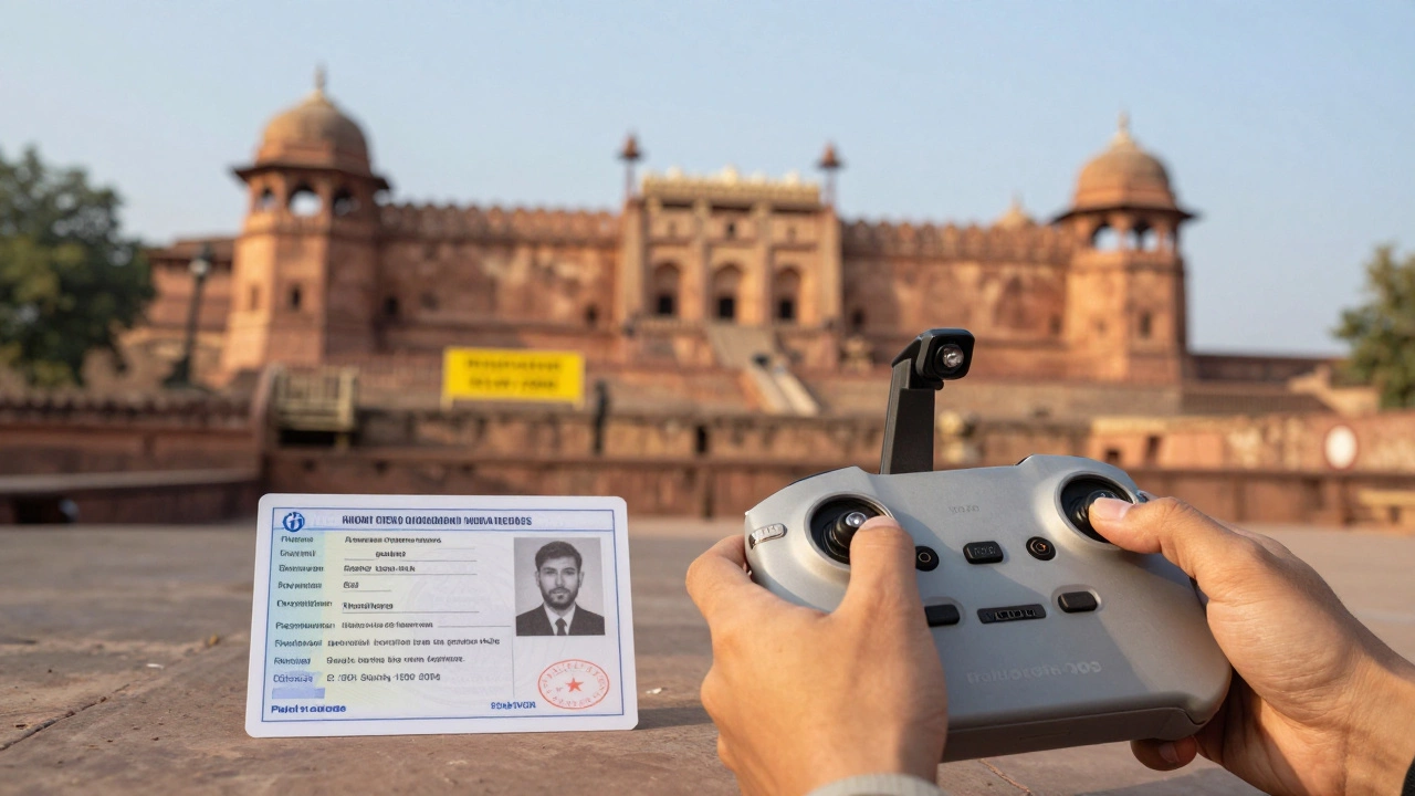 Pilot's hand with drone controller and registration documents near a fort