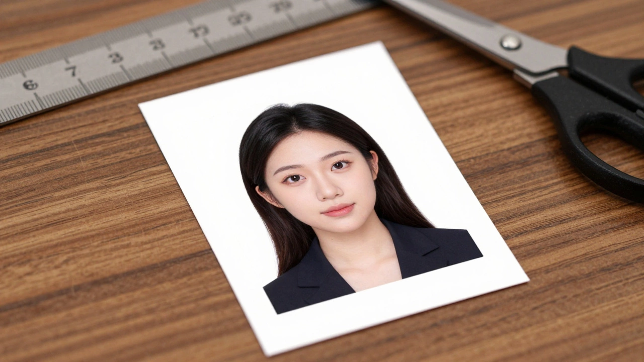 Printed passport photo on glossy paper next to a ruler on a desk
