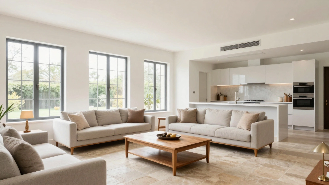 Spacious, modern living room interior of a newly built Indian home