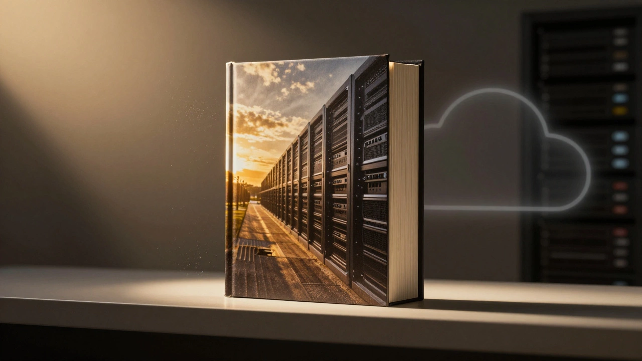 Archival photo book on a shelf with fading digital icon