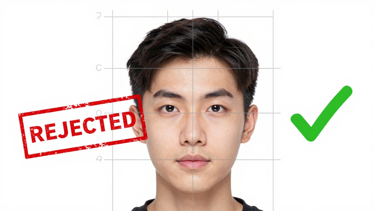 Digital grid overlay on face showing strict passport photo compliance rules