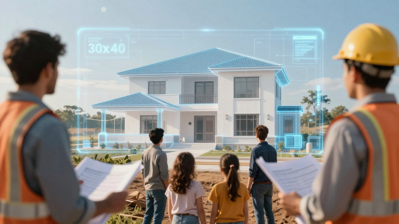 Family viewing a holographic house design on a plot