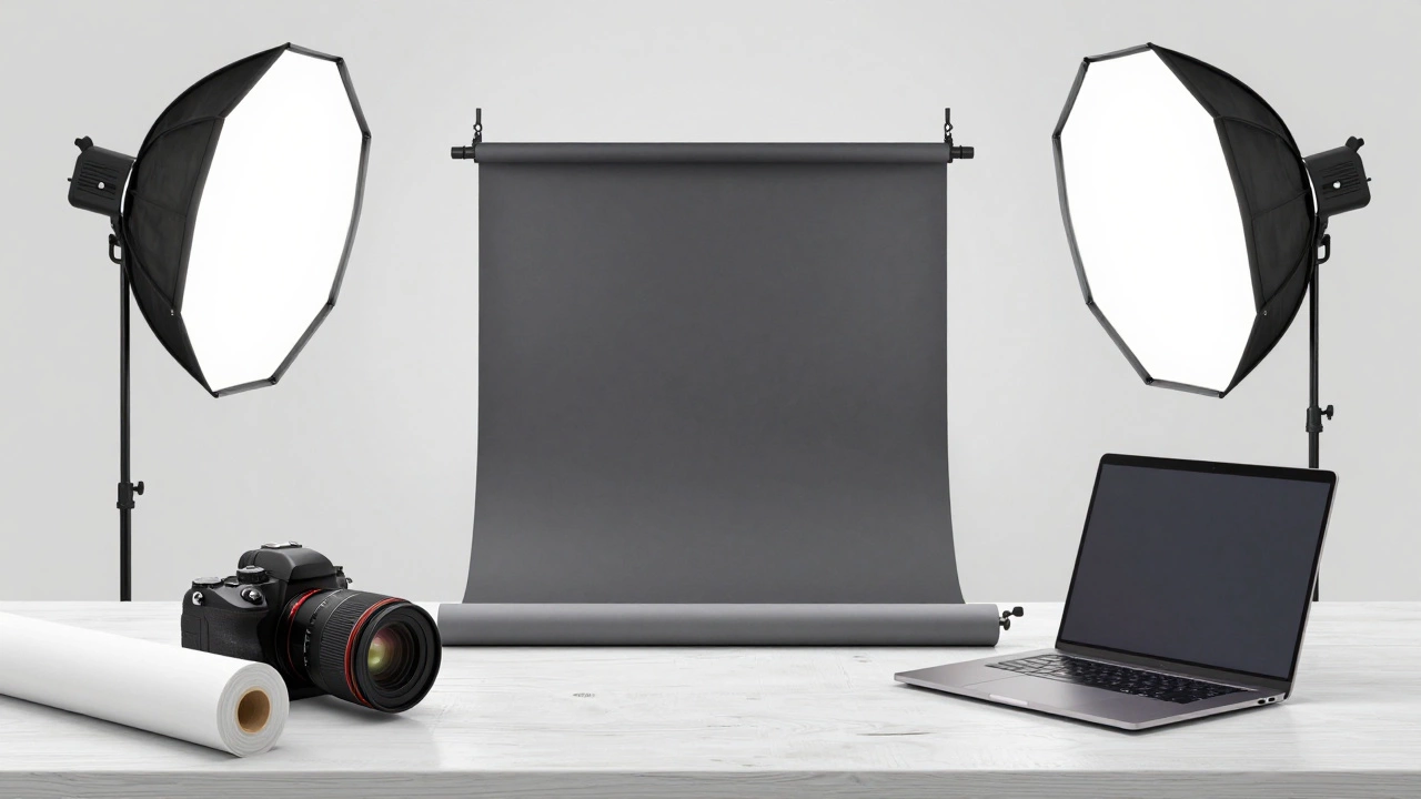 Flat lay of professional camera gear, lights, and laptop on a table