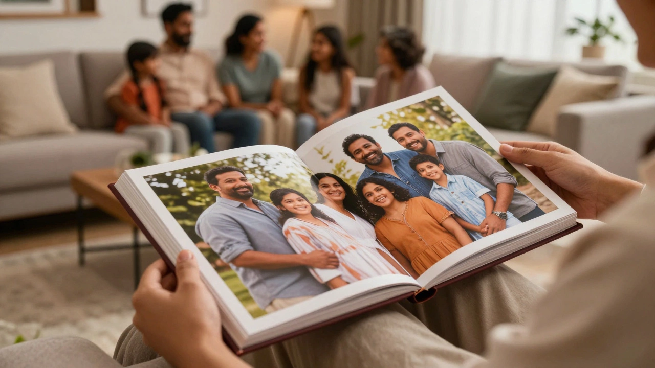 Hands holding open a lay-flat photo book on a sofa