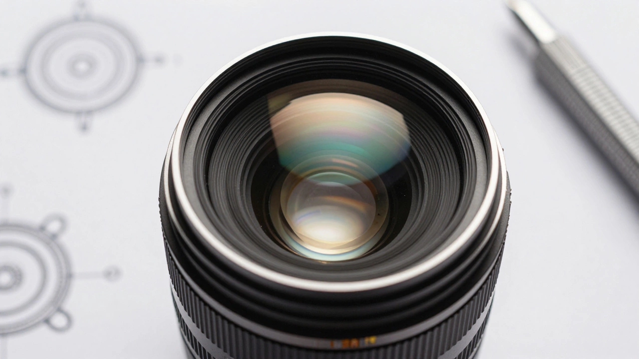 Macro view of intricate high-end camera lens glass elements and optical tools