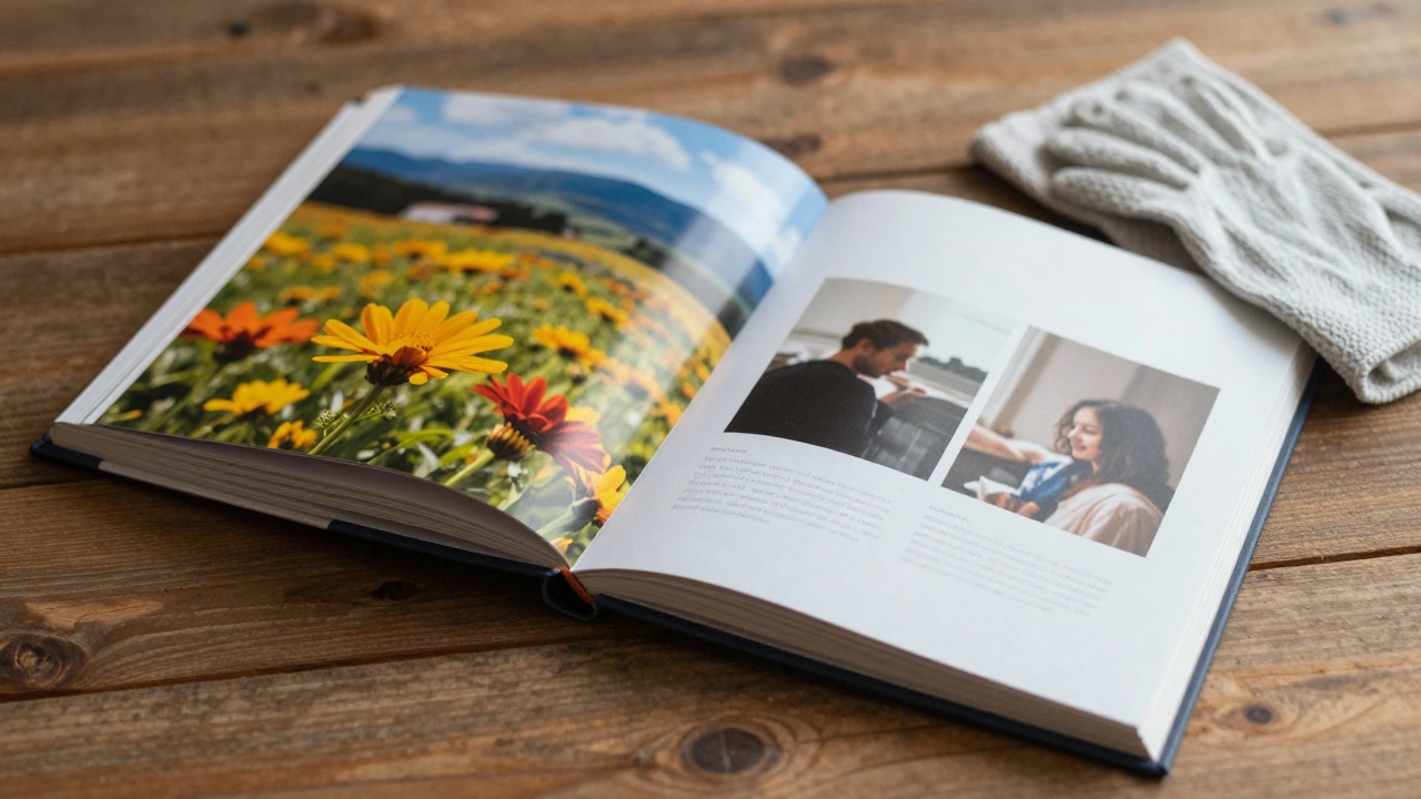 Open photo album showing a mix of glossy landscape photos and matte portrait pages on a wooden table.
