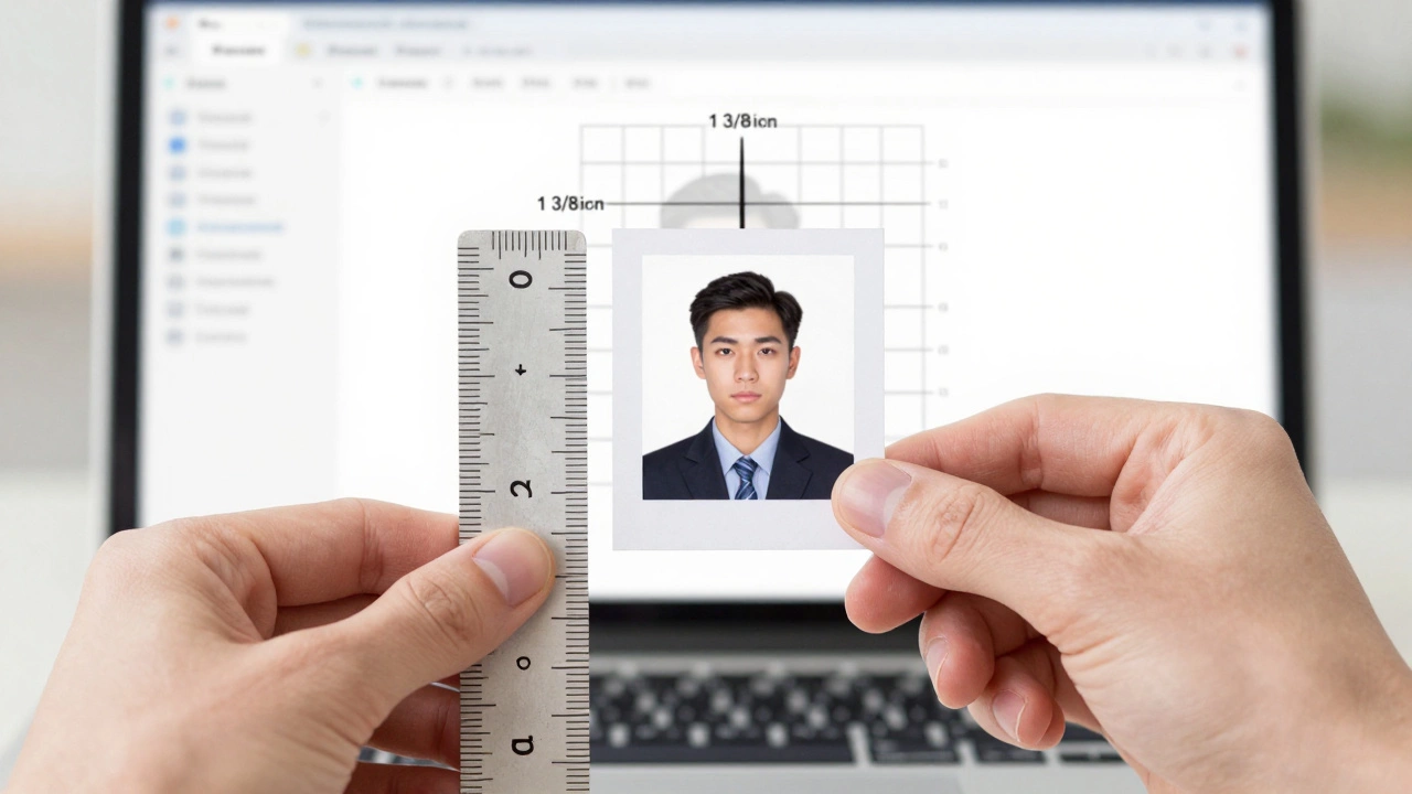 Passport photo being measured with ruler for correct size