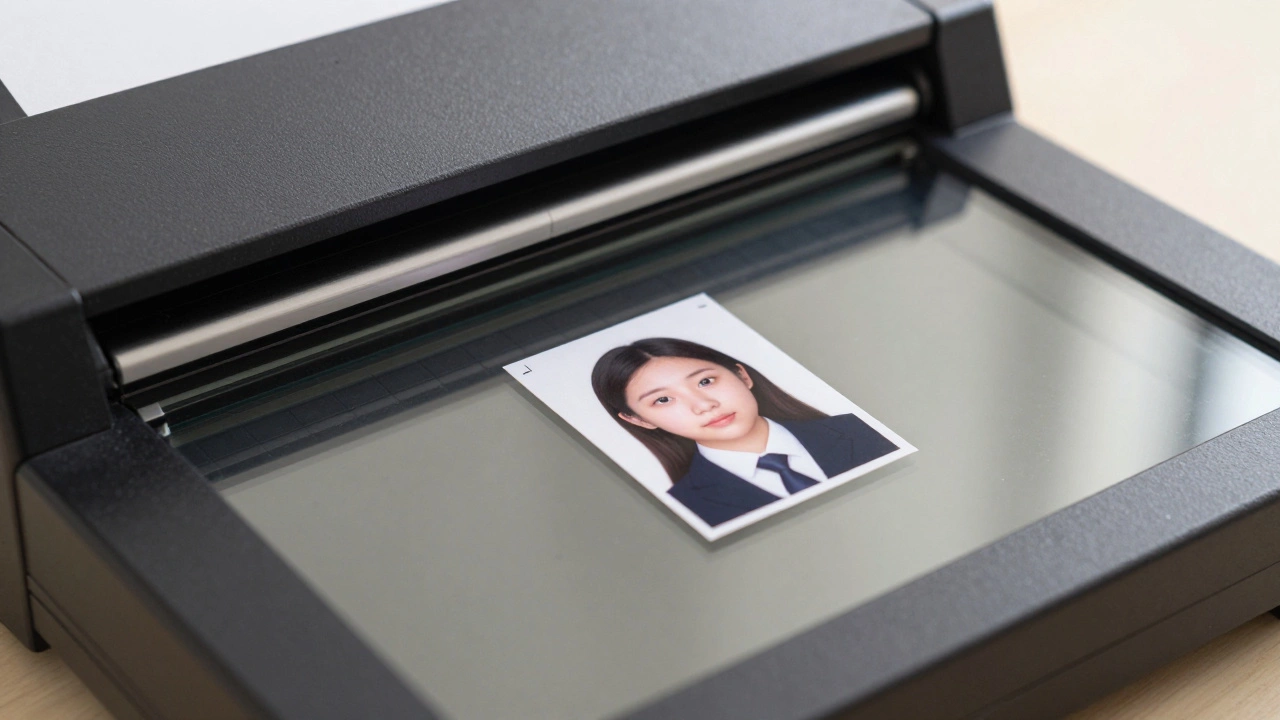 Passport photo being scanned on flatbed scanner