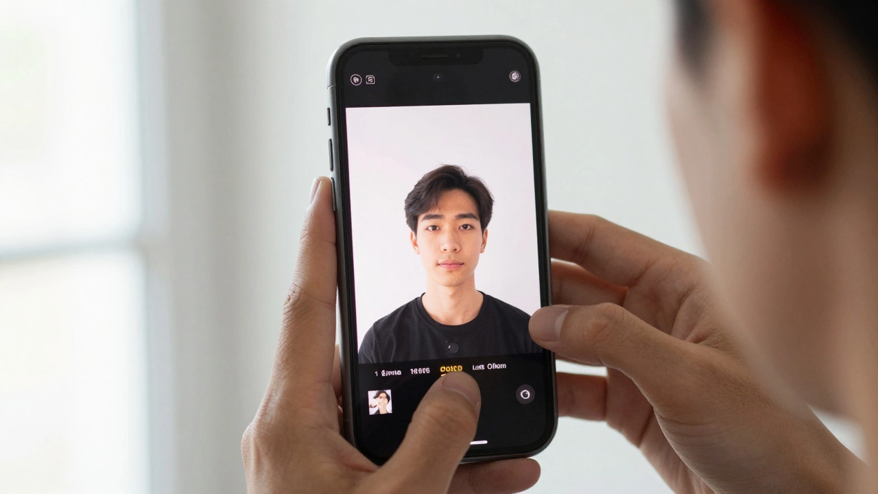 Person adjusting iPhone camera exposure for passport photo