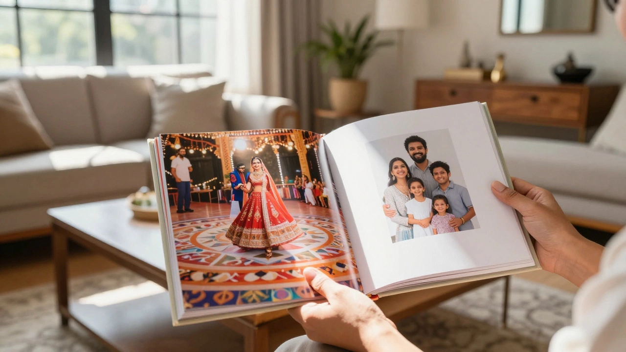 Person viewing a photo album in bright sunlight; glossy page has glare while matte page remains clear and readable.