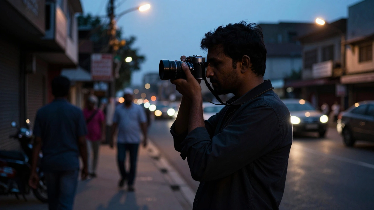 Photographer using Leica rangefinder on a moody urban street at dusk