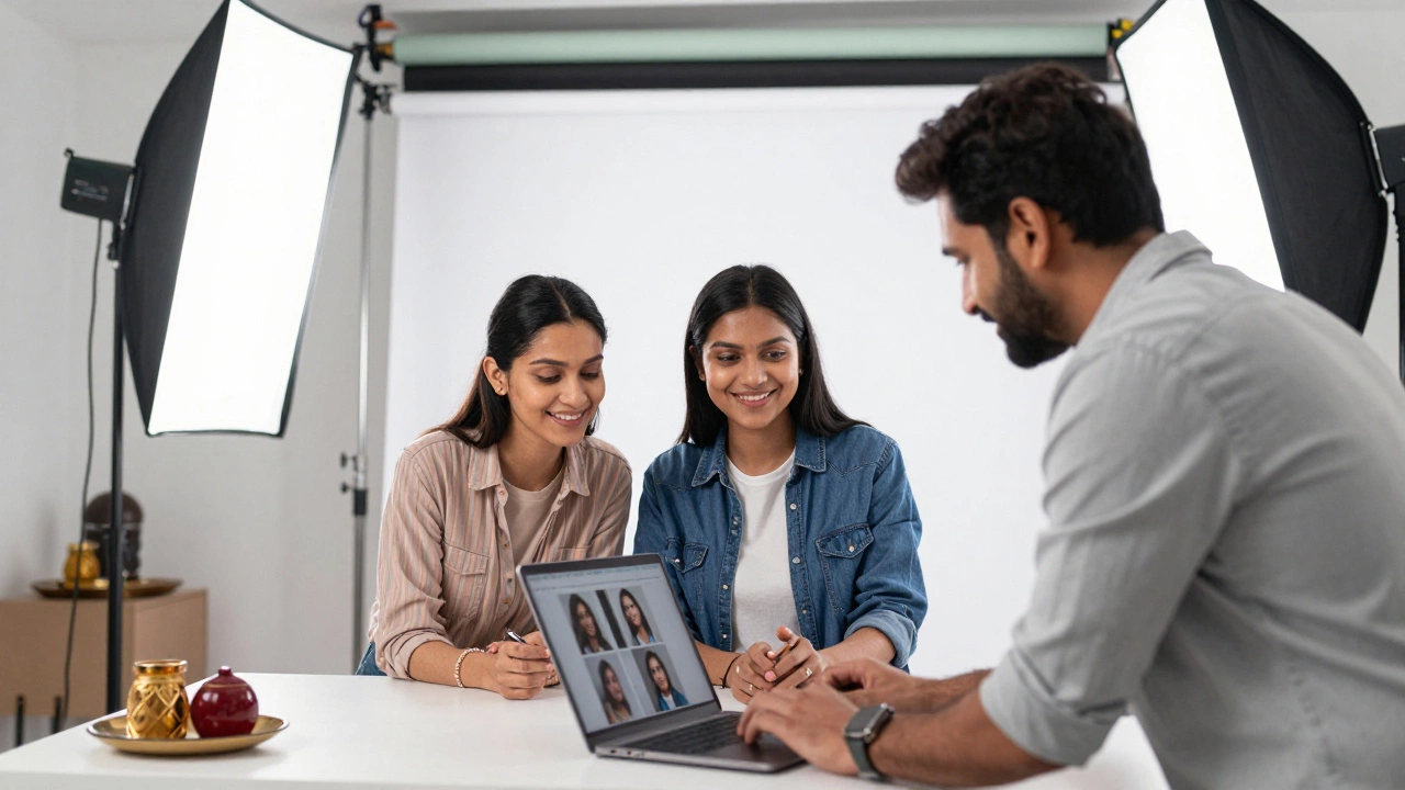 Professional photographer working with a client in a lit studio