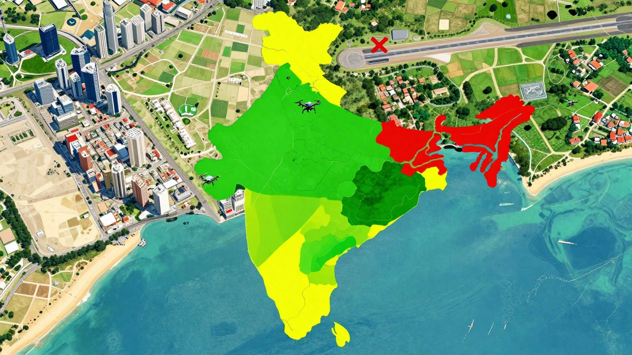Color-coded map showing green, yellow, and red drone flight zones over India