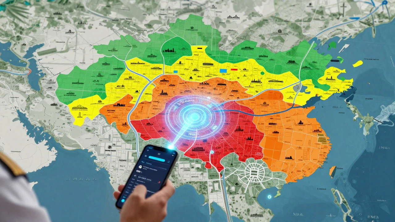 Conceptual map showing color-coded drone no-fly zones over Delhi