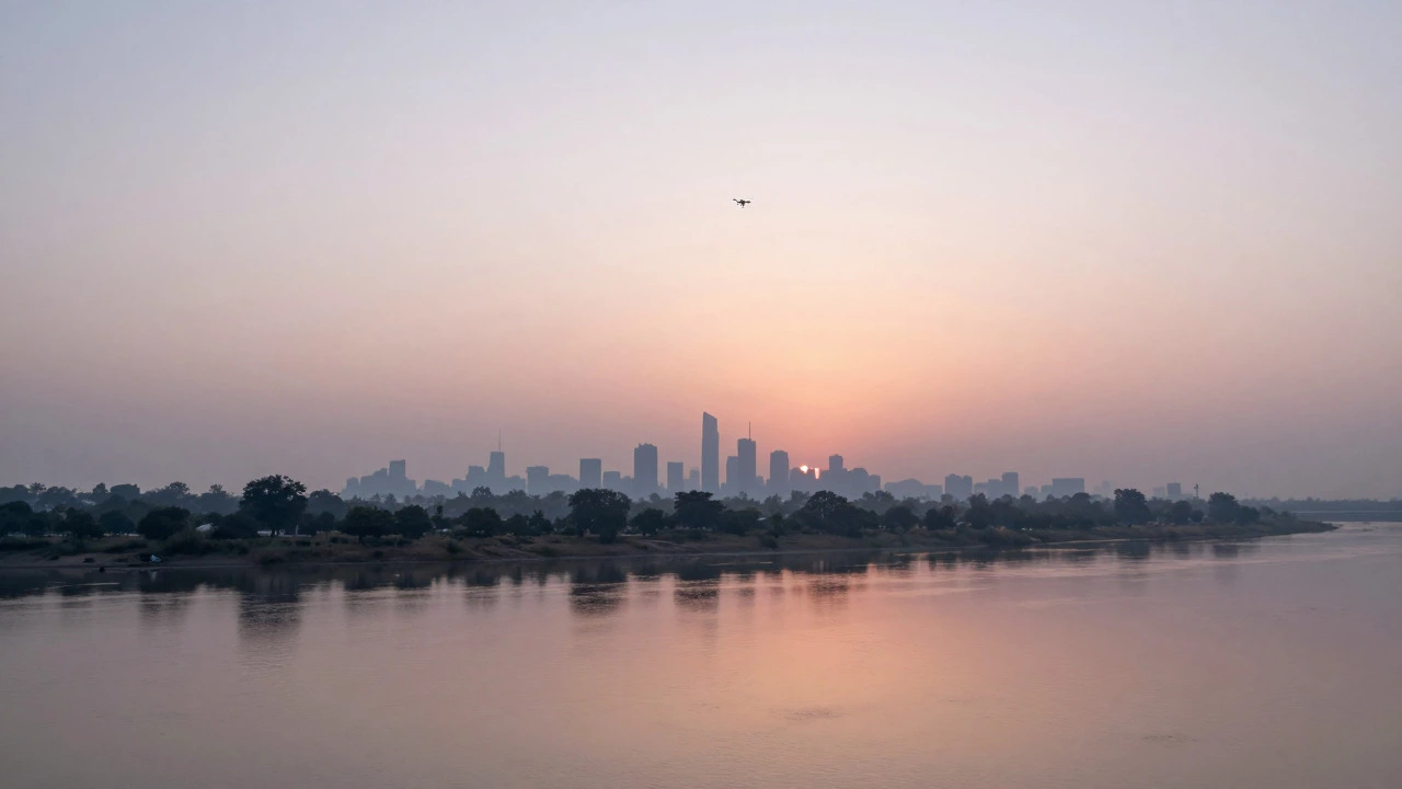 Drone flying over calm Yamuna floodplains at sunrise in open space