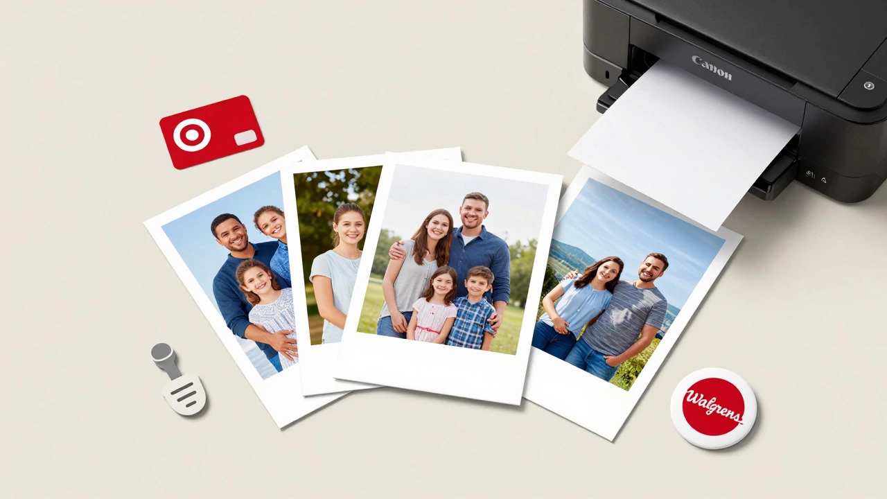 Flat lay of glossy photo prints with Target card and printer icons