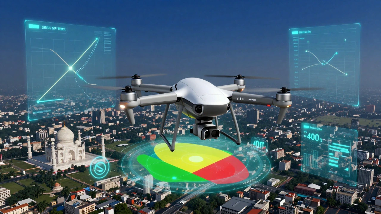 Holographic display showing drone flight zones and regulations over Indian city