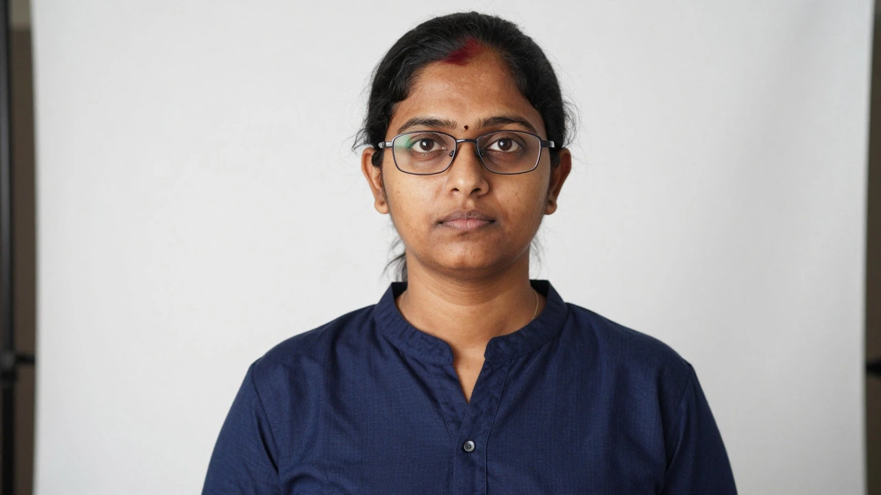 Indian woman with neutral expression ready for passport photo