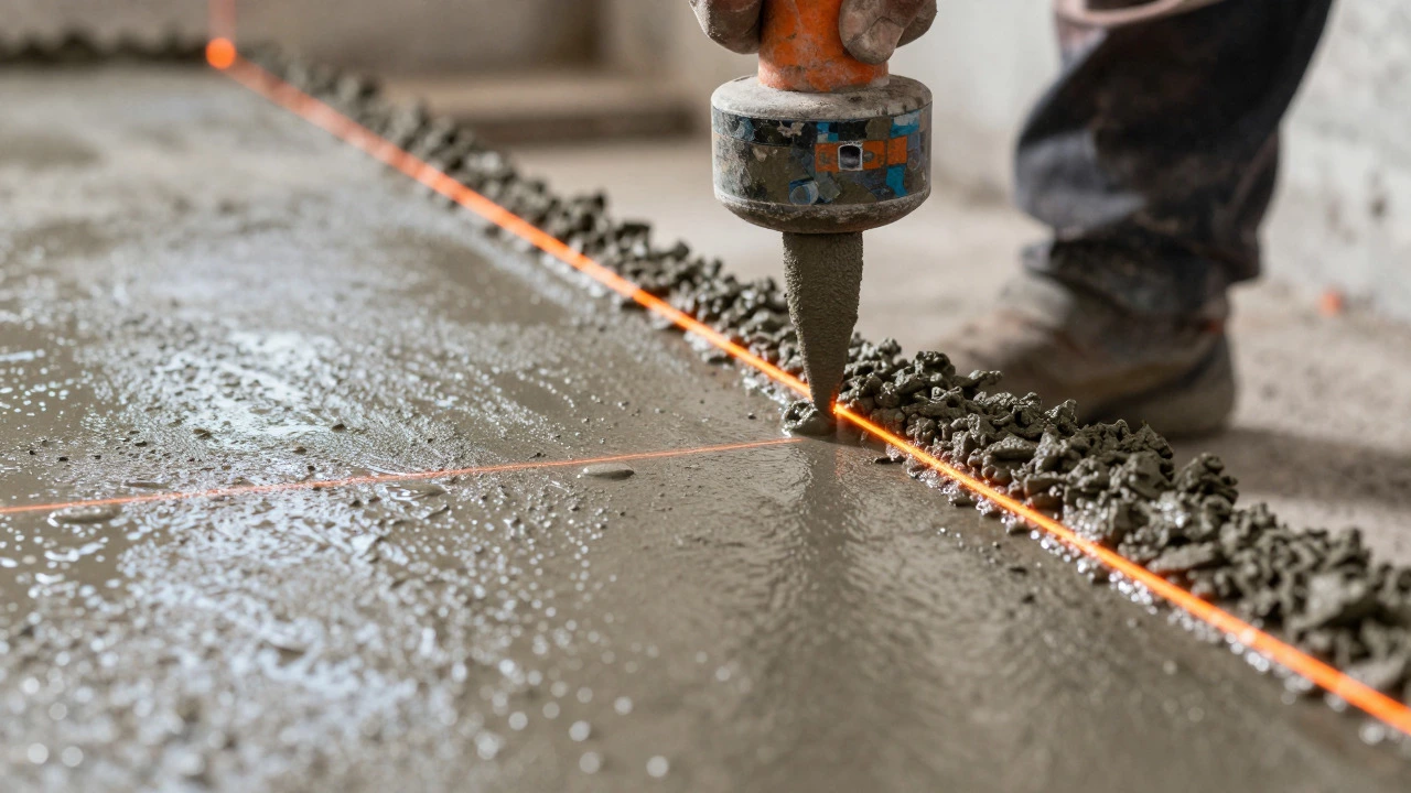 Mason leveling wet concrete with a laser guide for a studio floor