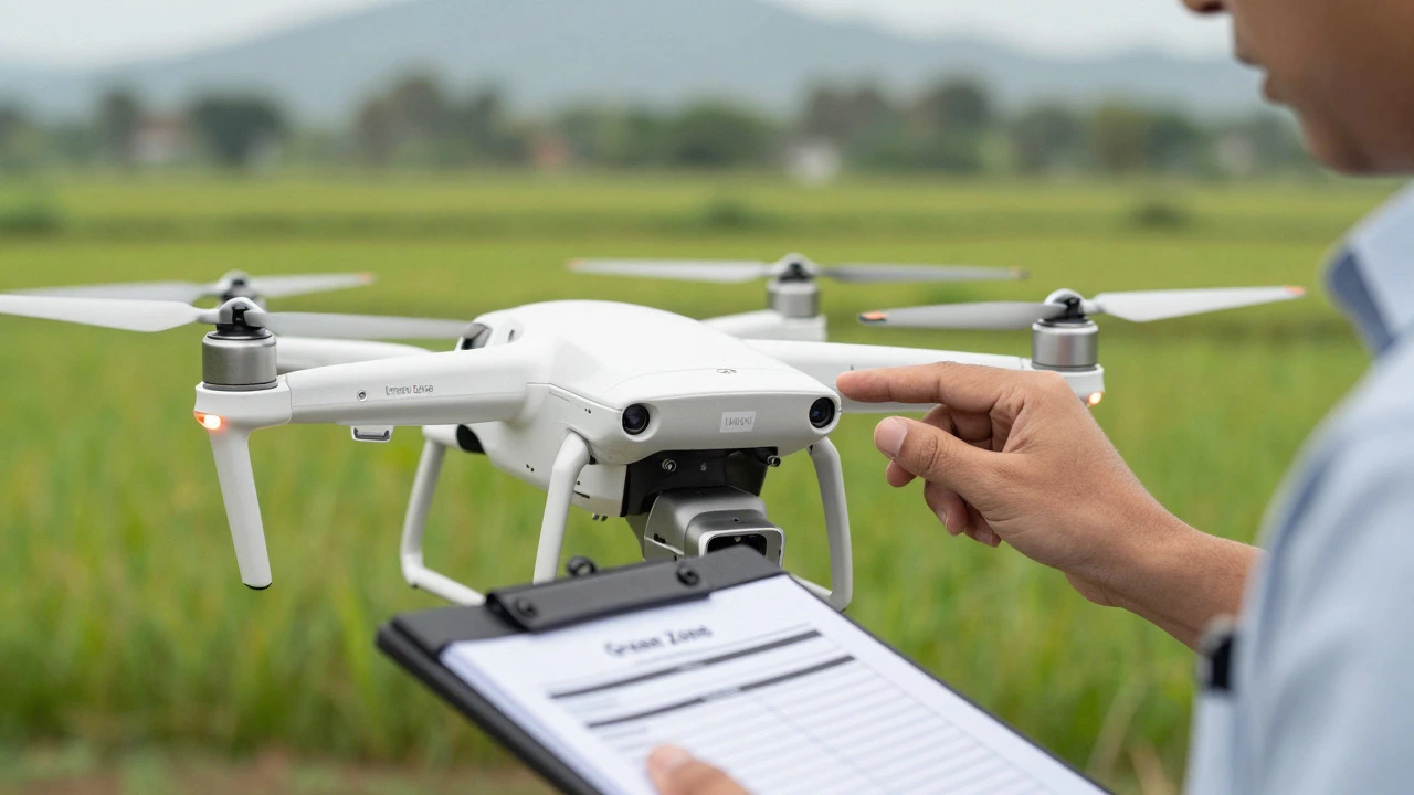 Pilot inspecting drone ID label in a green zone field before legal flight