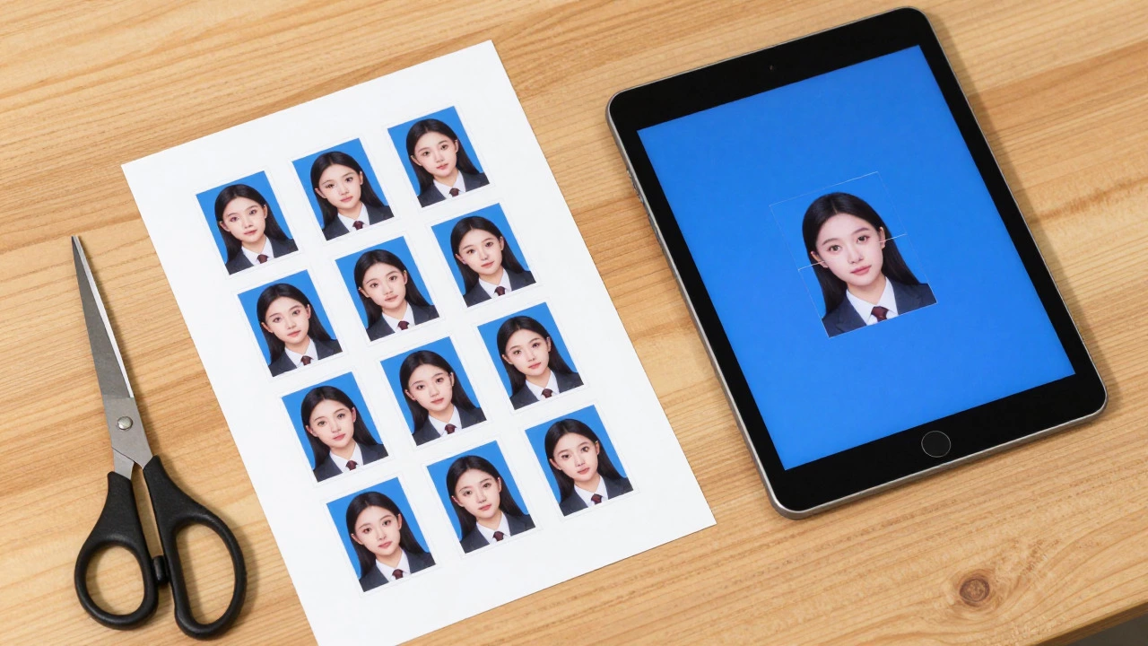 Printed passport photos and cropping tools on a desk