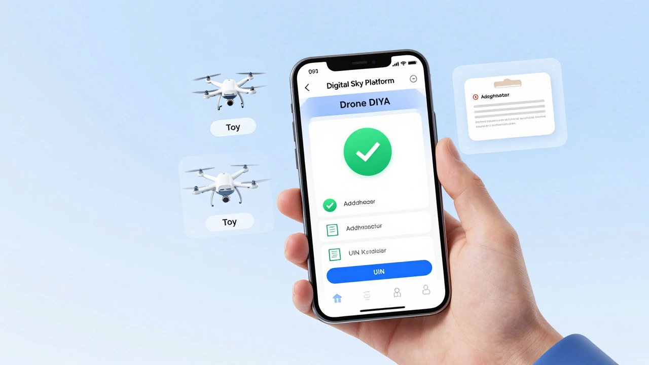 Smartphone displaying drone registration app with floating drone category icons