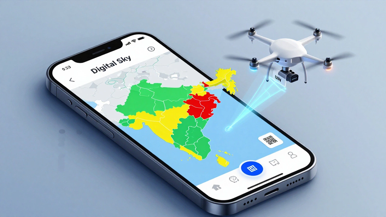 Smartphone showing drone flight zone map and registration