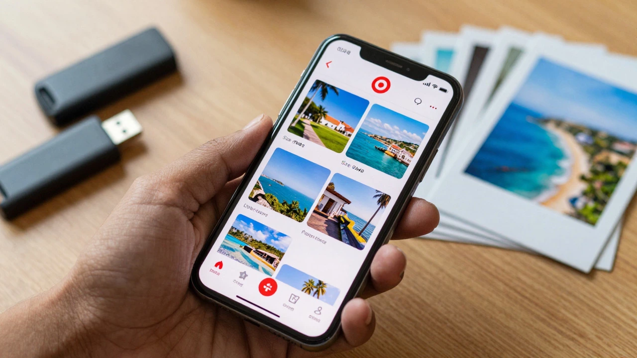 Smartphone showing Target app photo ordering with printed photos nearby