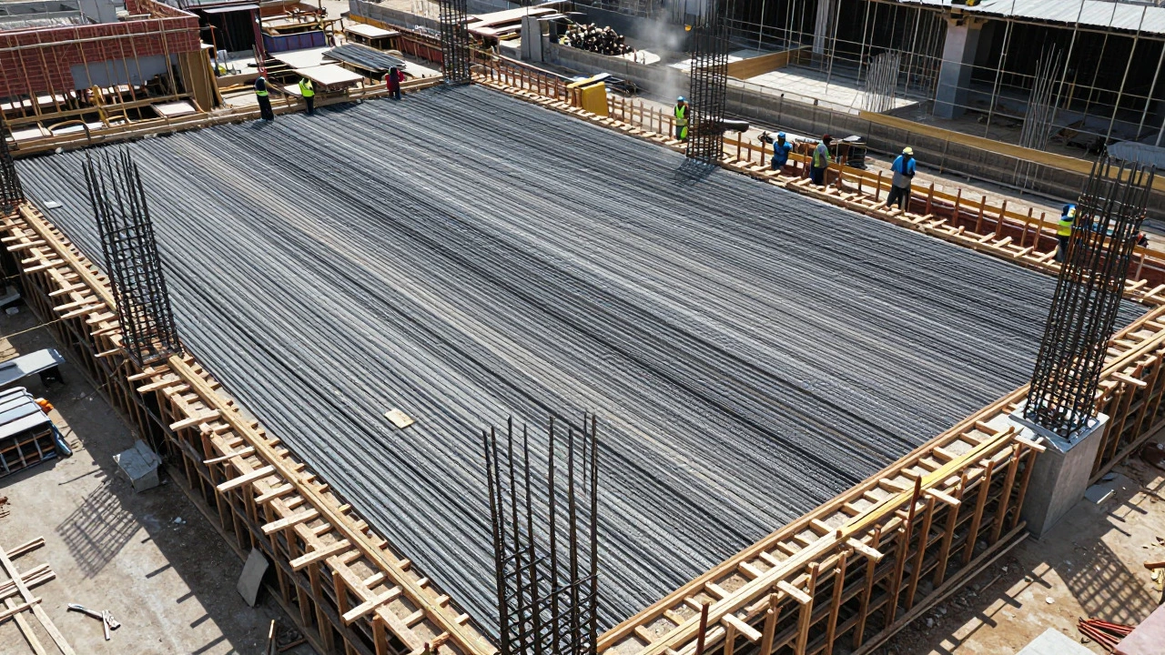 Steel reinforcement grid prepared for concrete slab construction in India