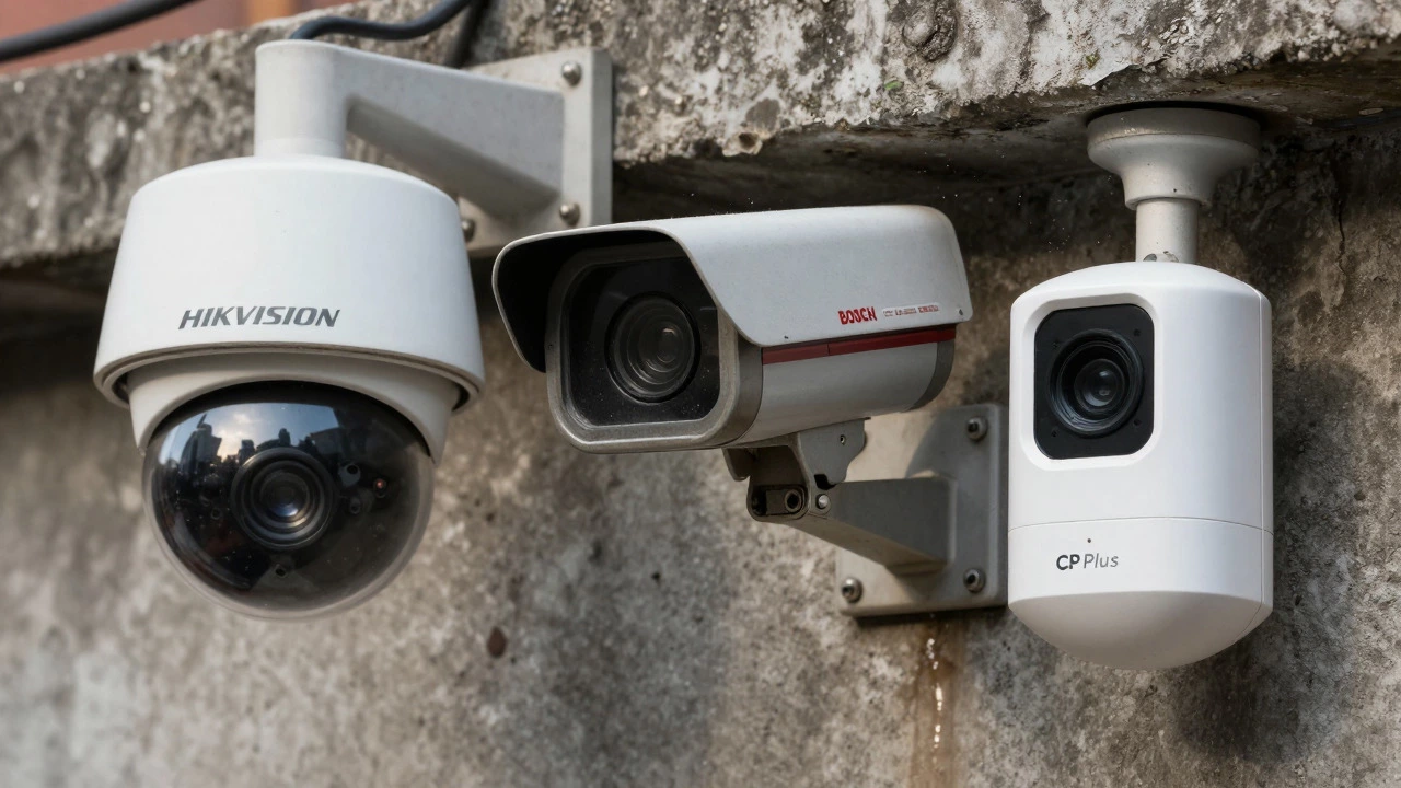 Close-up of different CCTV camera types mounted on a wall